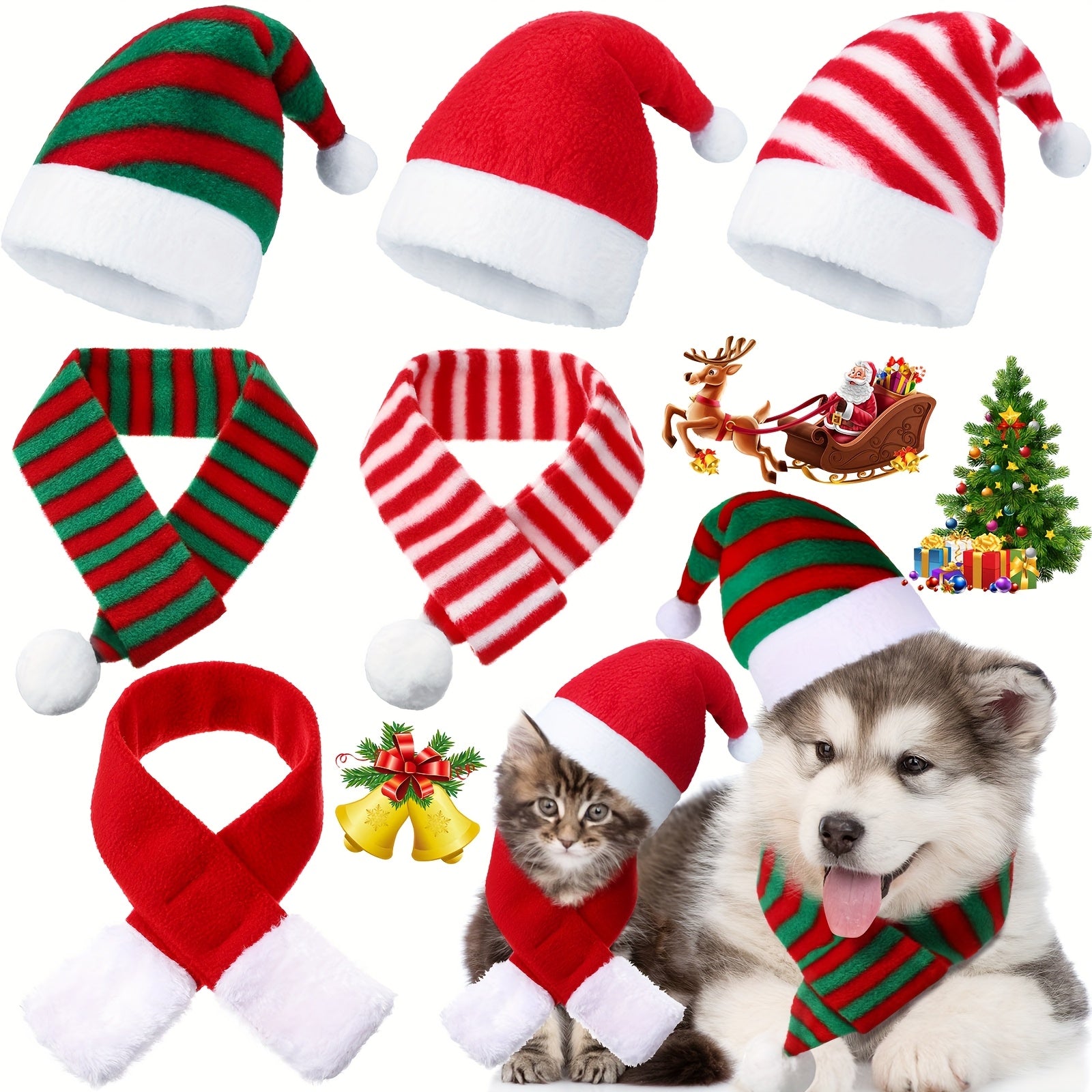6pcs Pet Christmas Hat With Scarf Holiday Party