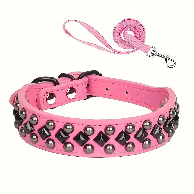 ECP037S Black Faux PU Leather Dog Collar And Leash Set - Comfortable, Pet Accessories