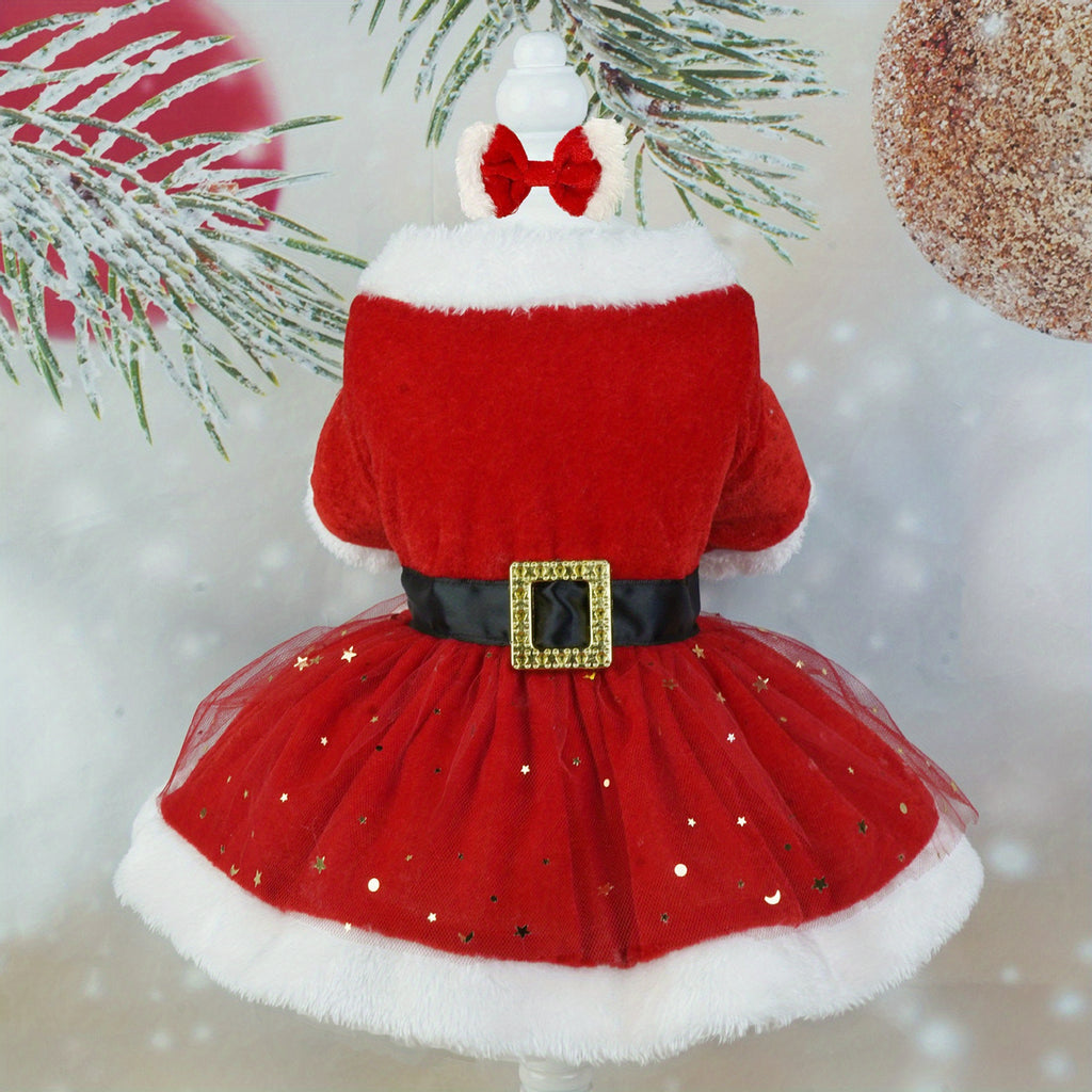 Christmas Costume Cute Contrast Color Plush Pet Dress and Bow Outfit Cosplay Clothes for Cat