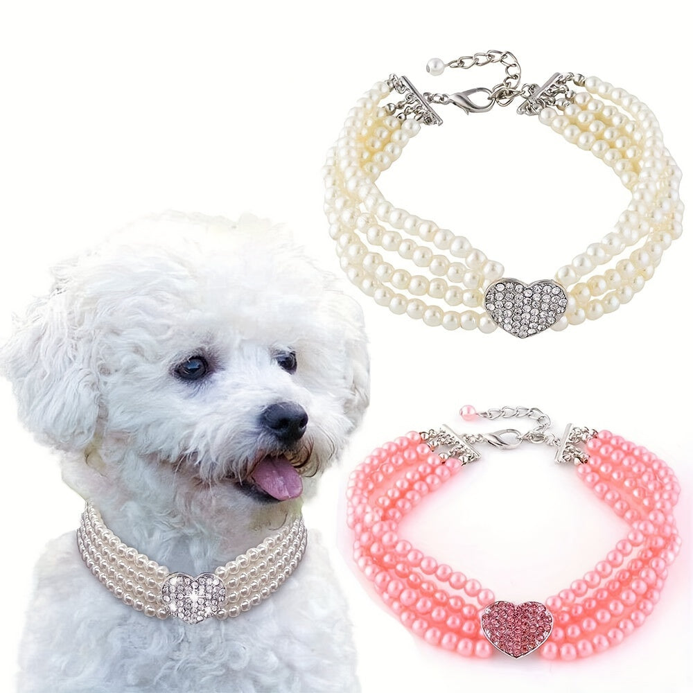 Elegant imitation pearl diamond collar necklace pet accessories, heart-shaped shiny for small dogs