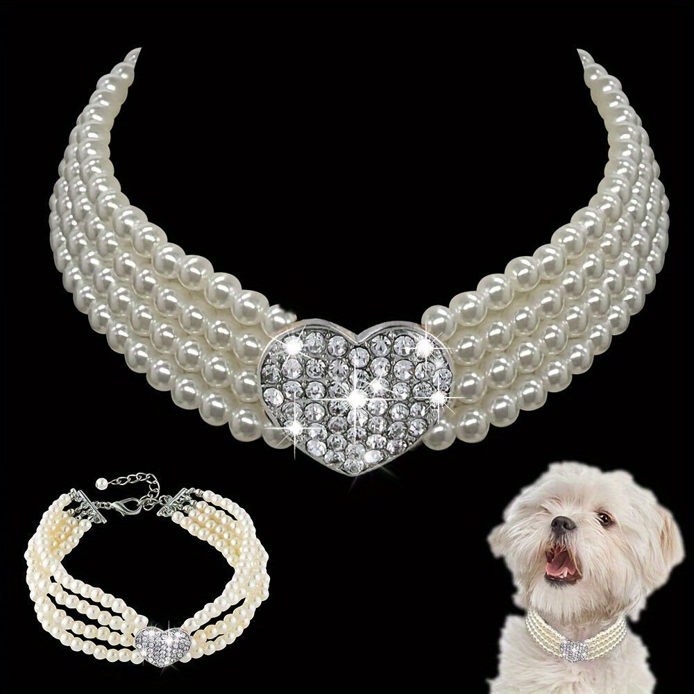 Elegant imitation pearl diamond collar necklace pet accessories, heart-shaped shiny for small dogs
