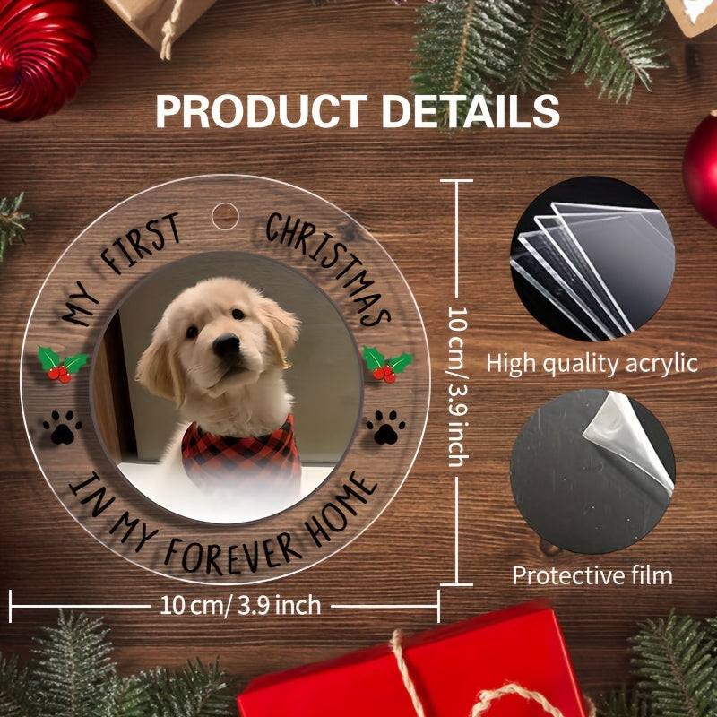 Custom Pet First Christmas Ornament - 3.9" Acrylic Photo Decor, Festive Holiday Pendant for Cats & Dogs, Christmas Decor