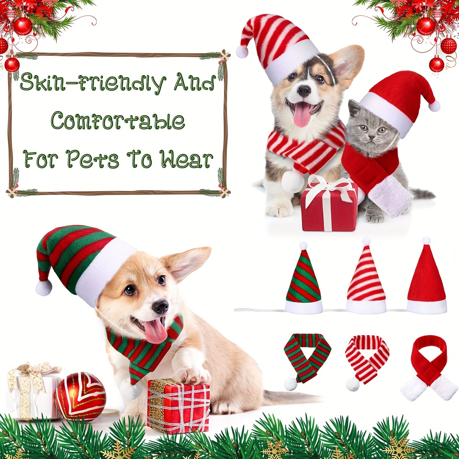 6pcs Pet Christmas Hat With Scarf Holiday Party
