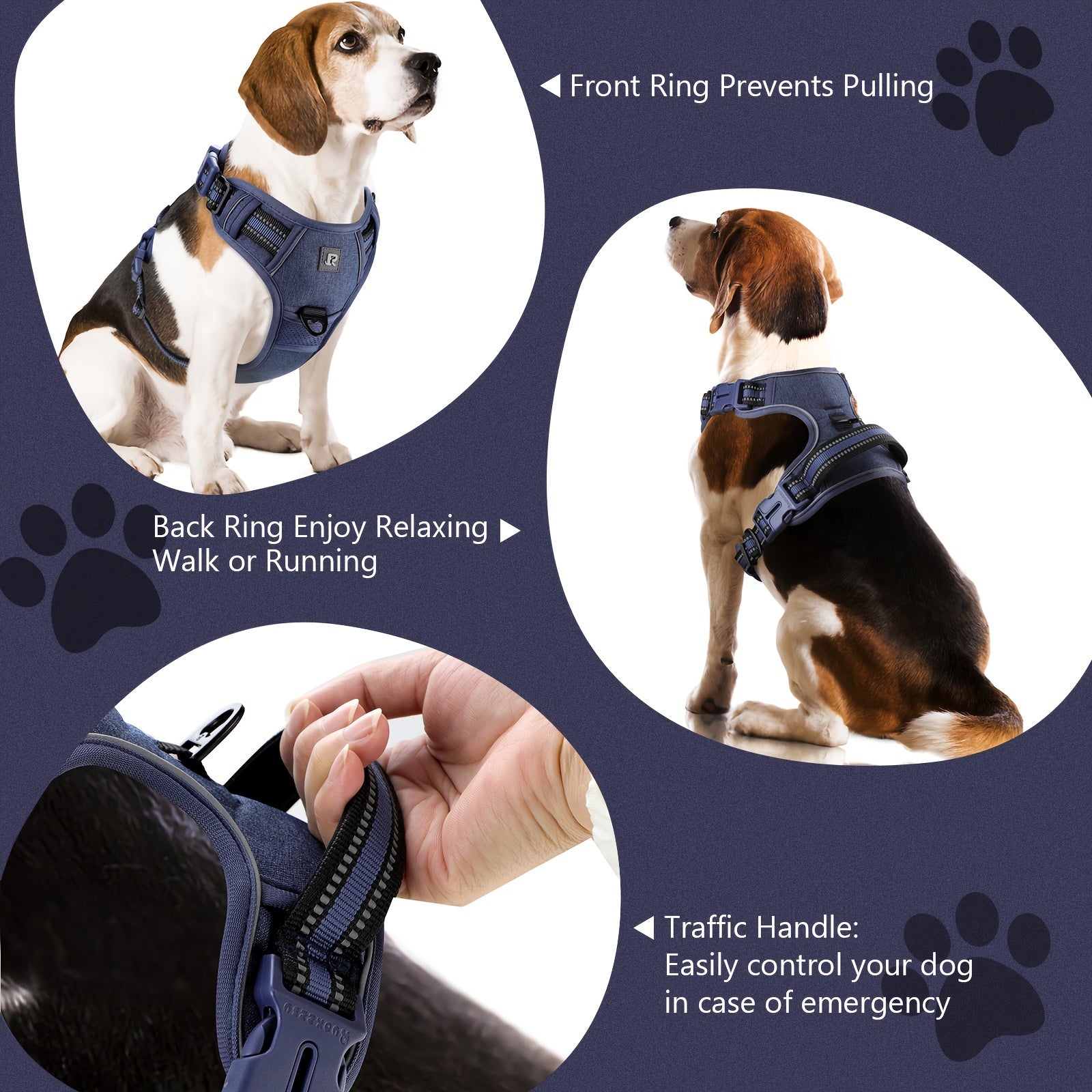 Adjustable Dog Harness No-Pull Front/Back Leash Clips & Control Handle, Safety Reflective Strips for Small, Medium, Large, Dogs