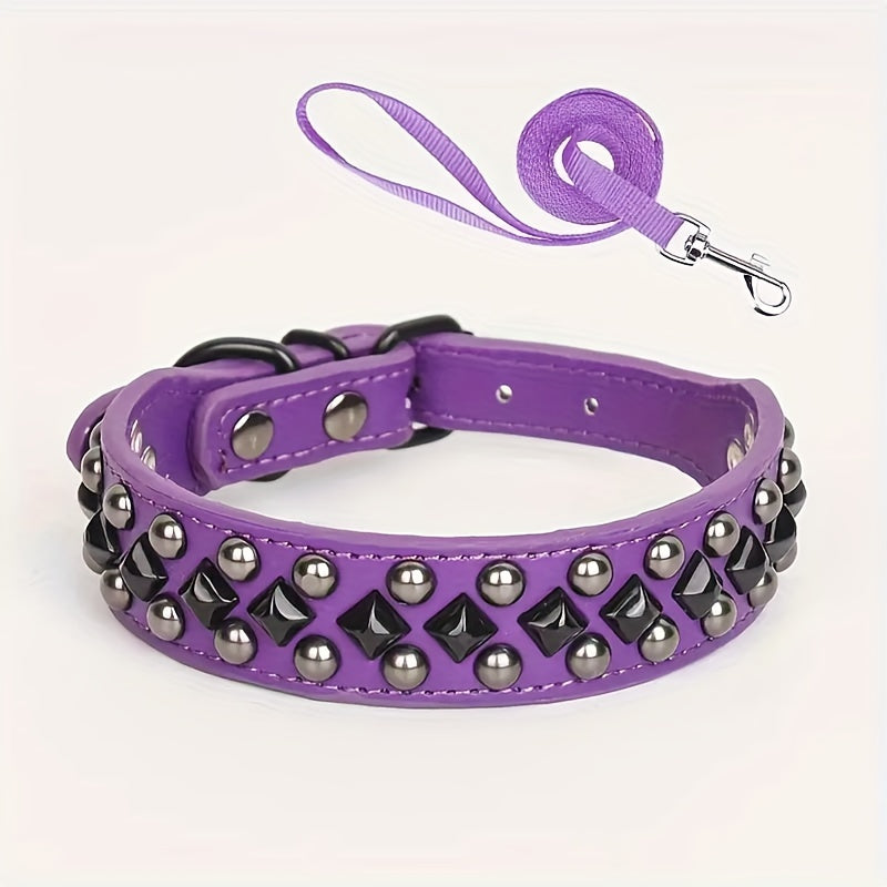 ECP037S Black Faux PU Leather Dog Collar And Leash Set - Comfortable, Pet Accessories