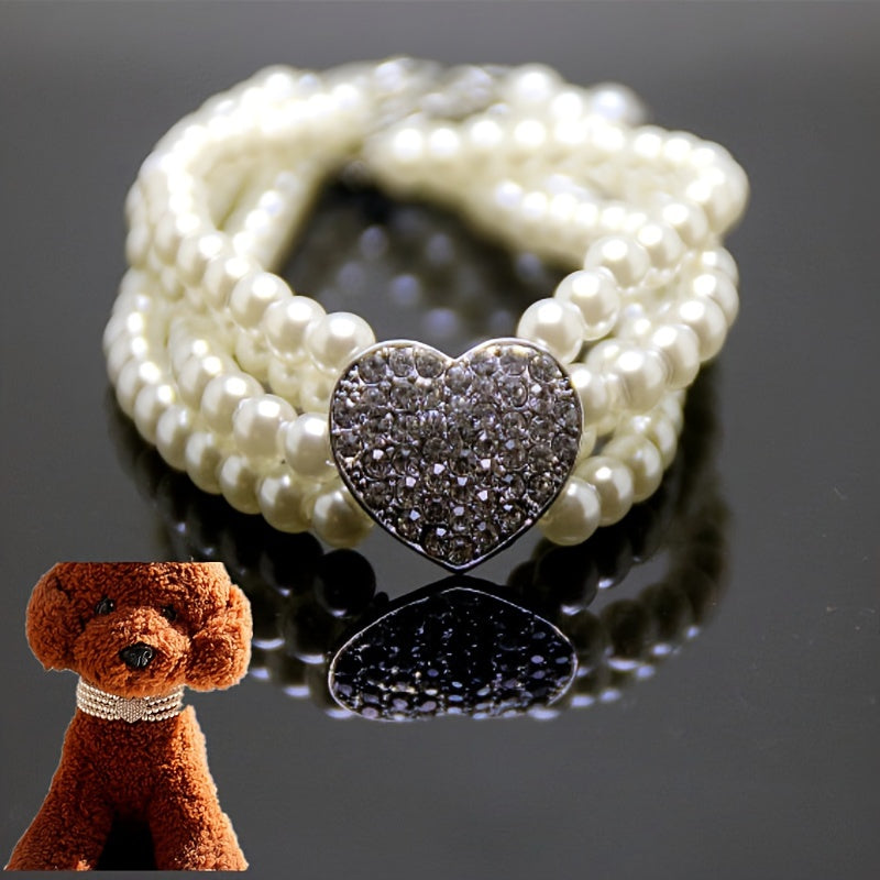 Elegant imitation pearl diamond collar necklace pet accessories, heart-shaped shiny for small dogs