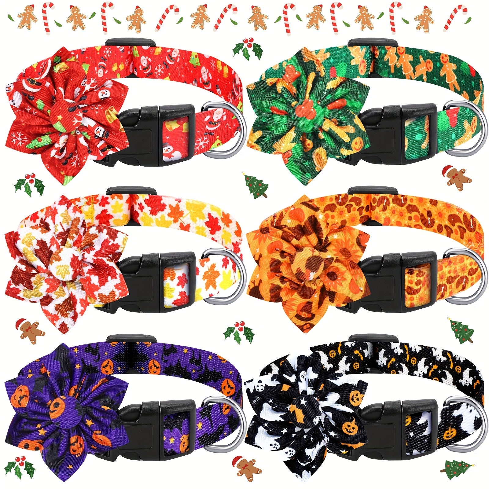 6pcs Holiday Dog Collars Flower Maple Turkey Pumpkin Adjustable Plastic Buckle