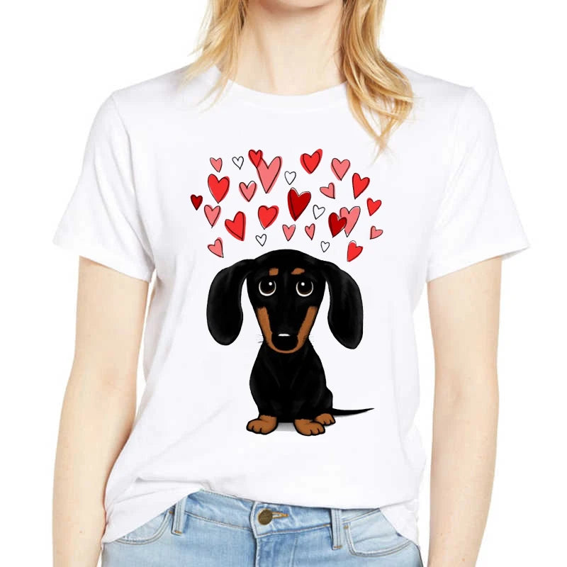 T-Shirt Women Dachshund Love Heart Fashion Dog Graphic Short Sleeve