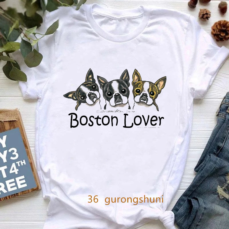 Curious Boston Terrier Graphic Print shirts Summer Fashion Short Sleeve
