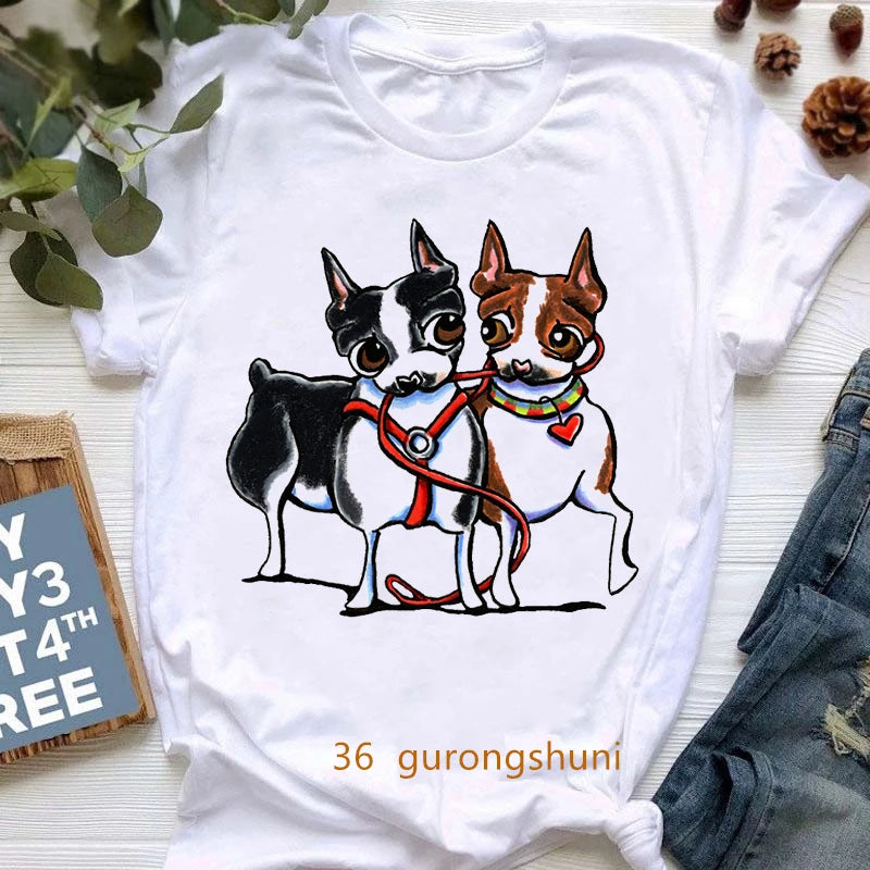 Curious Boston Terrier Graphic Print shirts Summer Fashion Short Sleeve