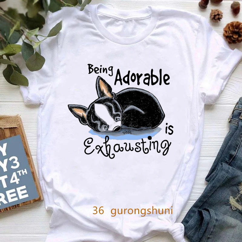 Curious Boston Terrier Graphic Print shirts Summer Fashion Short Sleeve