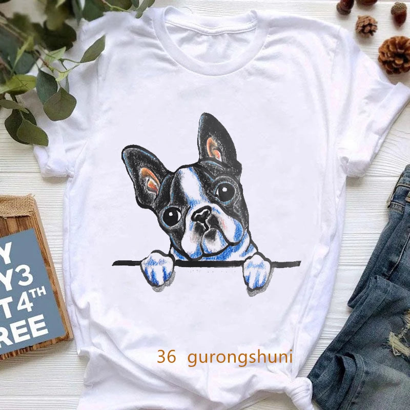 Curious Boston Terrier Graphic Print shirts Summer Fashion Short Sleeve