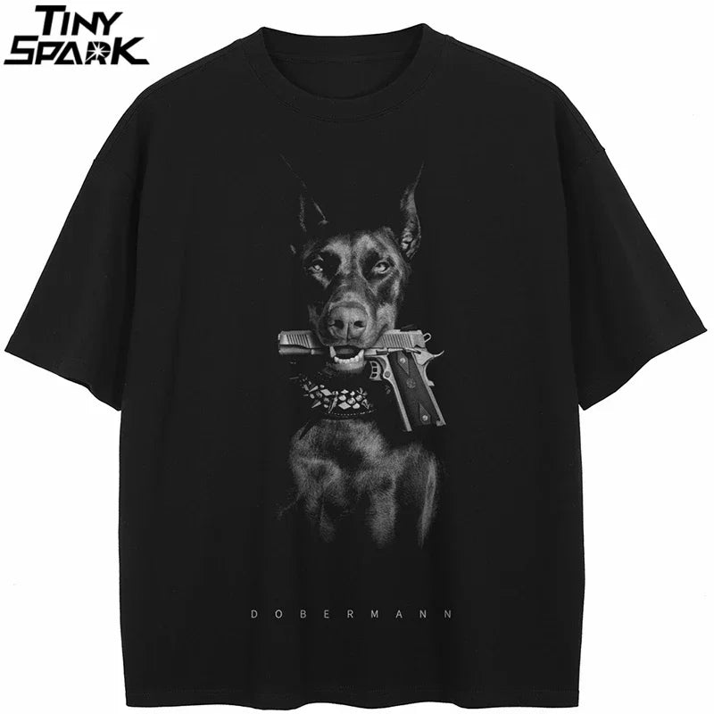 T-Shirt Streetwear Animal Graphic Doberman Dog Gun T Shirt Cotton Hipster