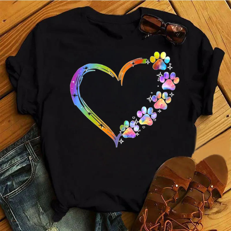 Colorful Heart Dog Paw Print T-shirt Summer Short Sleeve Tee