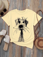 Women's Fashion Printed T-Shirt with Fun Dog Sketch Design Soft Round Neck