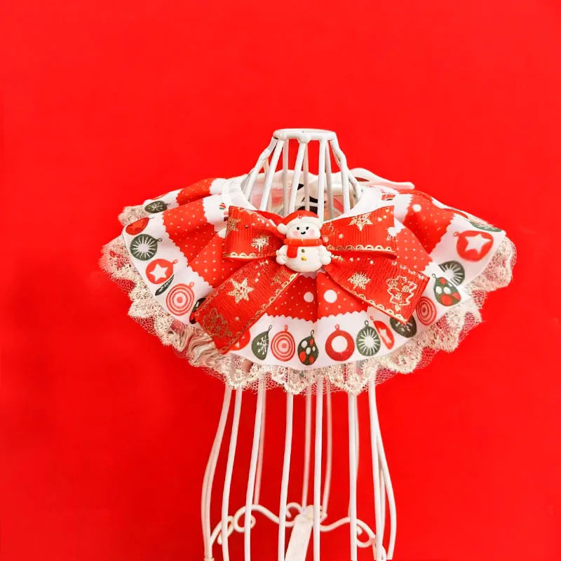 Christmas Pet Bib with Lace Bell Plaid Bow Austable Neckwear