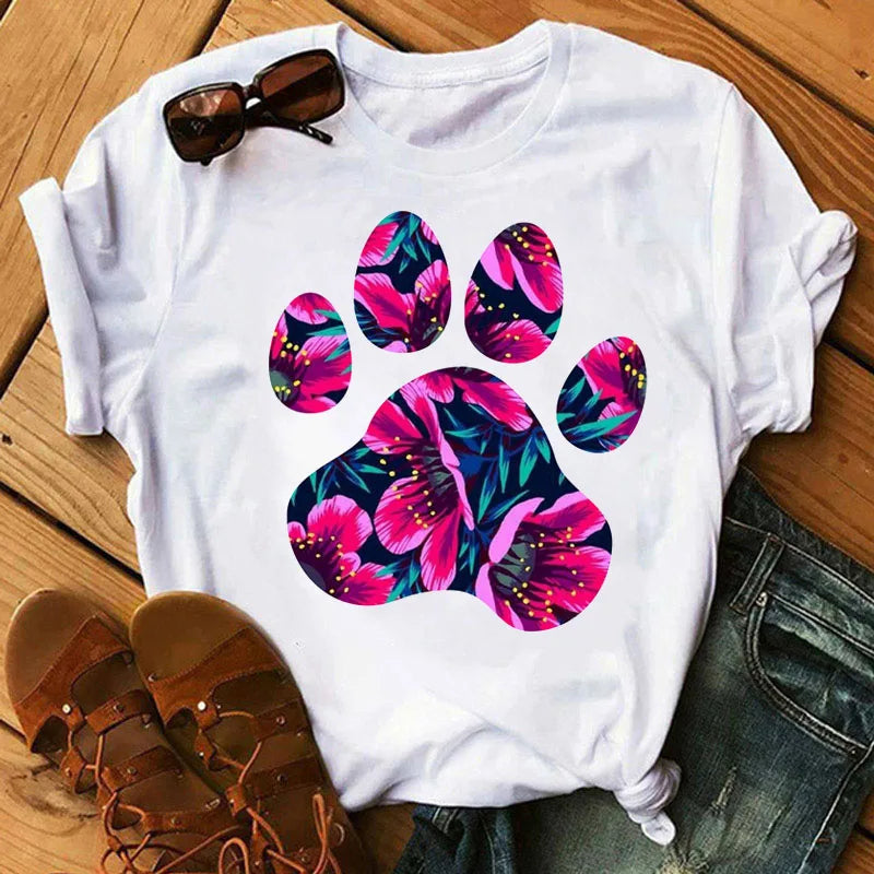 Colorful Heart Dog Paw Print T-shirt Summer Short Sleeve Tee