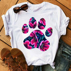 Colorful Heart Dog Paw Print T-shirt Summer Short Sleeve Tee