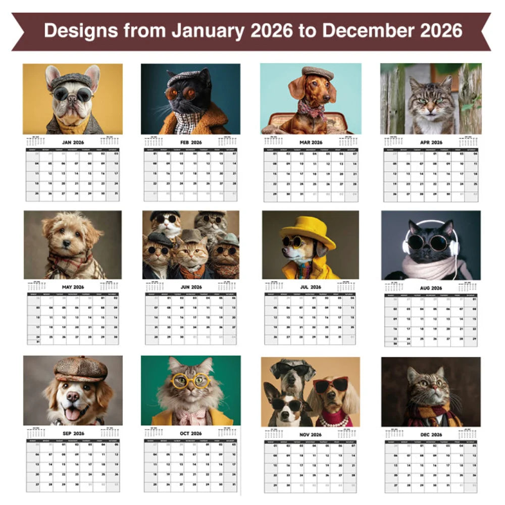 2026 A4 Wall Calendar Cats Dogs Monthly Calendar