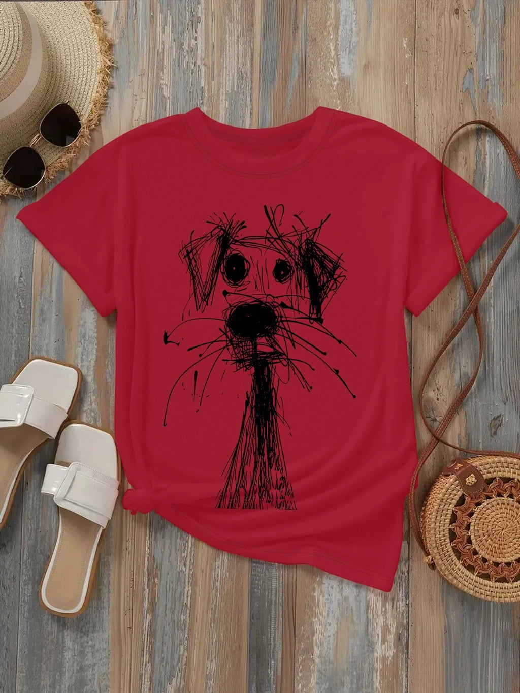 Women's Fashion Printed T-Shirt with Fun Dog Sketch Design Soft Round Neck