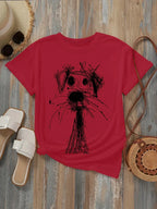 Women's Fashion Printed T-Shirt with Fun Dog Sketch Design Soft Round Neck