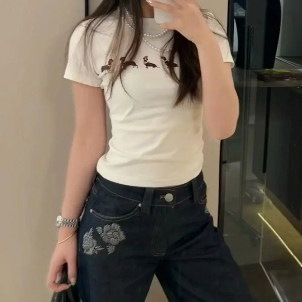 Cute Cartoon Dog Short Sleeve T-shirt Dachshund Crop Top Slim Fit