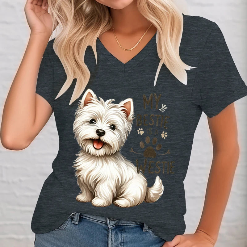 Fashion Cartoon Dog T Shirt Women Casual V-Neck Short Sleeve My Bestie