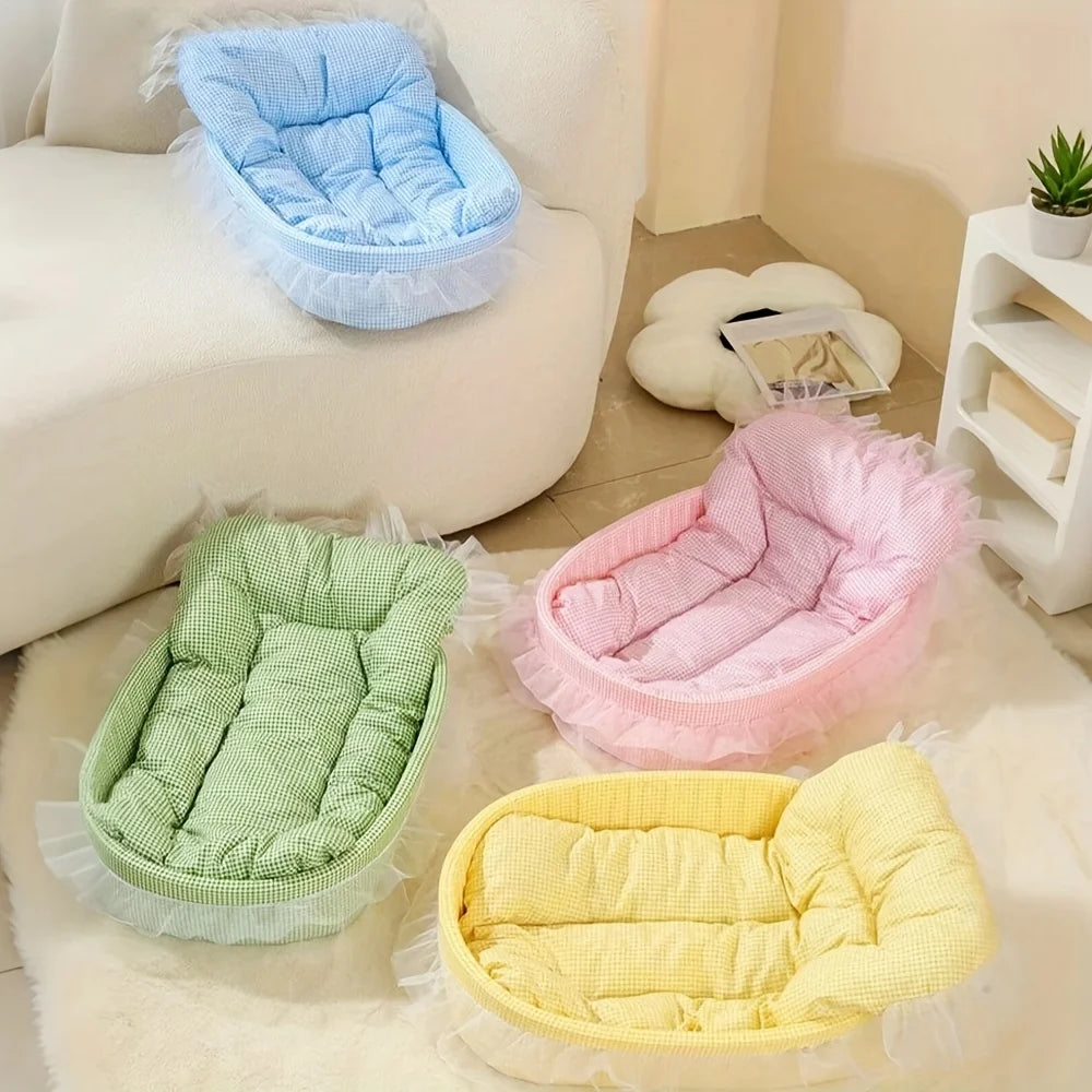 Cute Lace-Trimmed Princess Bed For Winter - Soft Polyester Plush Oval for Small Dogs