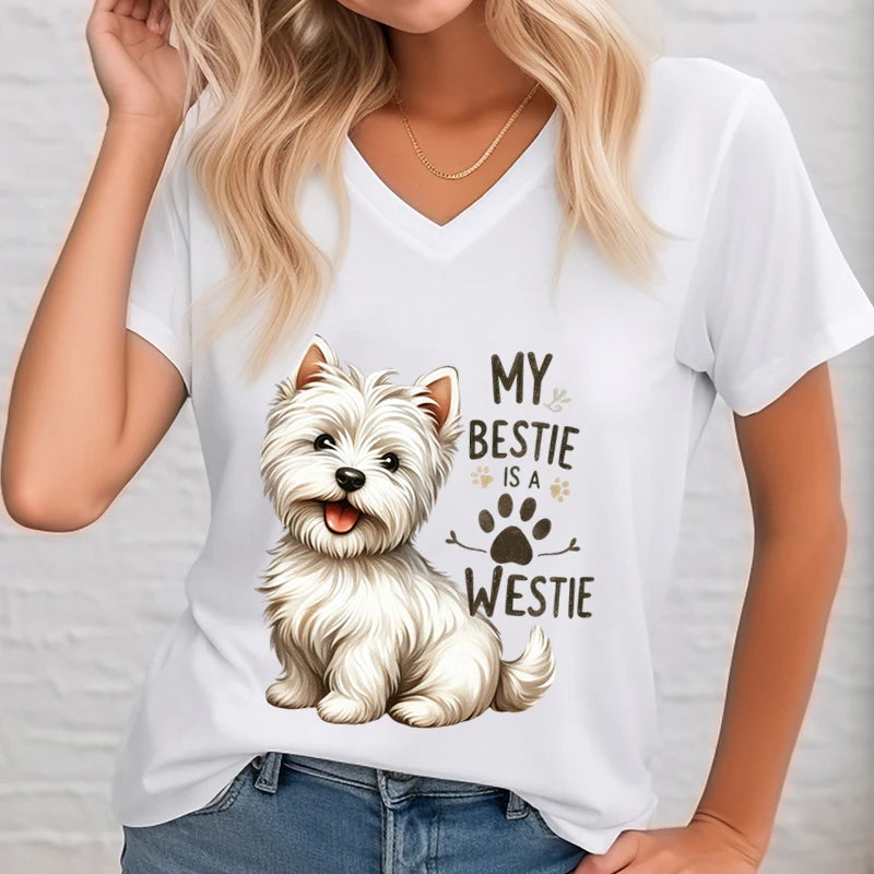 Fashion Cartoon Dog T Shirt Women Casual V-Neck Short Sleeve My Bestie