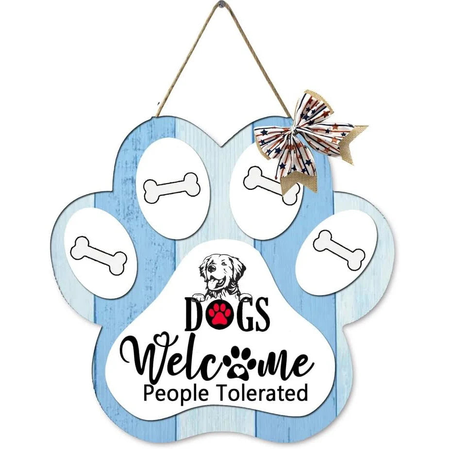 Dog Welcome Sign Wooden Plaque Hanging Paw