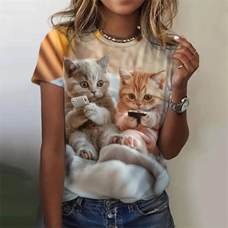 Cute Women's Cat or Dog 3d Print Casual Short Sleeve Funny T Shirts