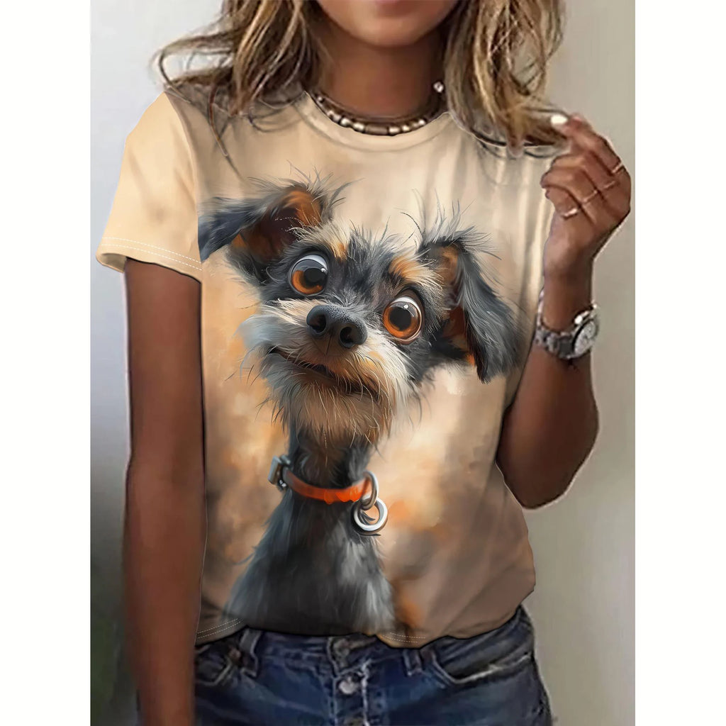 Summer Women's T Shirt Dog Print Casual Short Sleeve 3d Fashion Streetwear Crew Neck