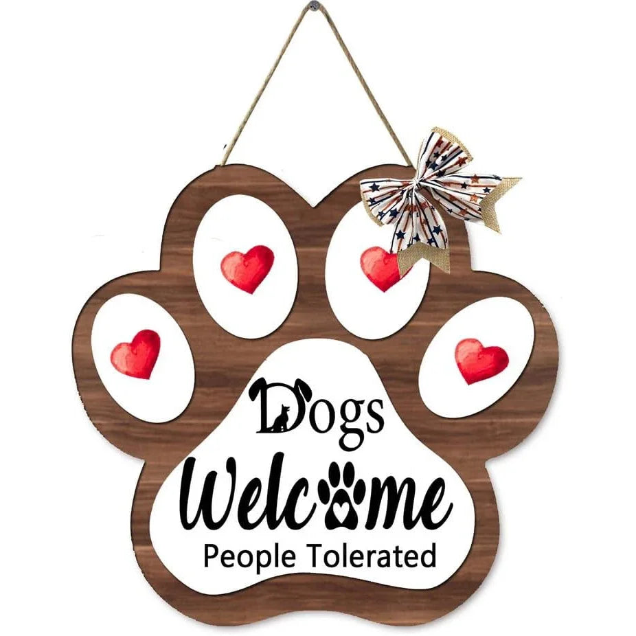 Dog Welcome Sign Wooden Plaque Hanging Paw