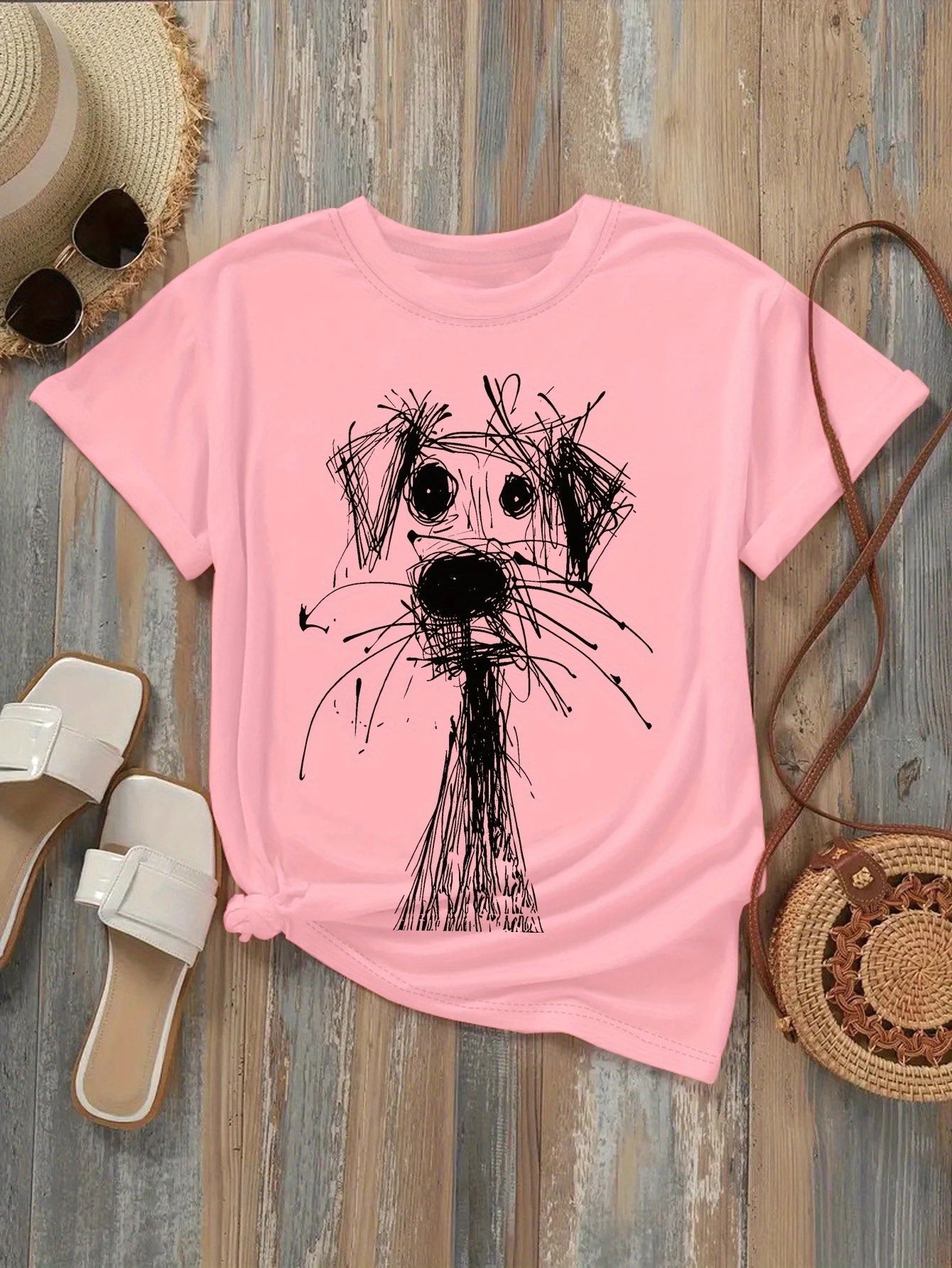 Women's Fashion Printed T-Shirt with Fun Dog Sketch Design Soft Round Neck