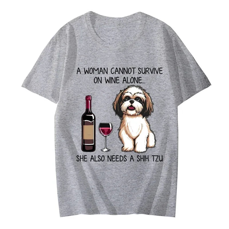 Shih Tzu and Wine Funny Dog T Shirts Women Cute Cartoon Graphic Tops Tee