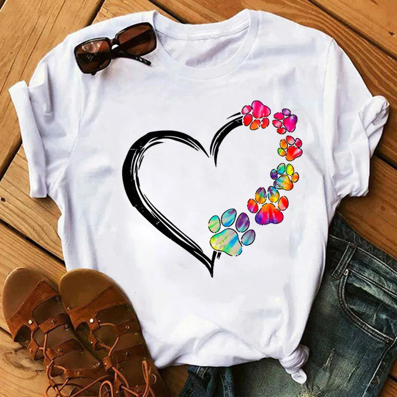 Colorful Heart Dog Paw Print T-shirt Summer Short Sleeve Tee