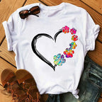 Colorful Heart Dog Paw Print T-shirt Summer Short Sleeve Tee