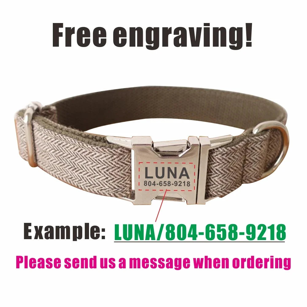 Personalized Dog Collar with Free Engraving, Matching Pet Leash, Metal Buckle, Light Brown