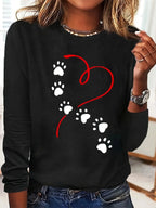 Heart Dog Paw Print T shirt Cute Crew Neck Autumn women's long sleeved loose comfortable black  white