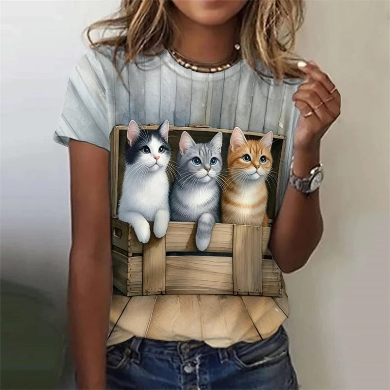 Cute Women's Cat or Dog 3d Print Casual Short Sleeve Funny T Shirts