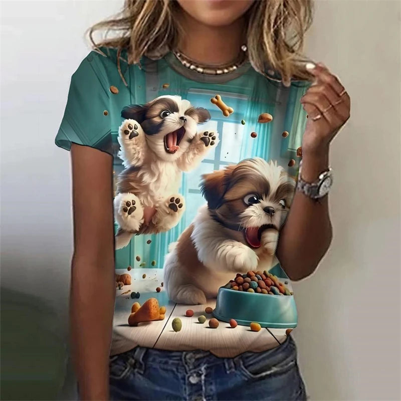 Cute Women's Cat or Dog 3d Print Casual Short Sleeve Funny T Shirts