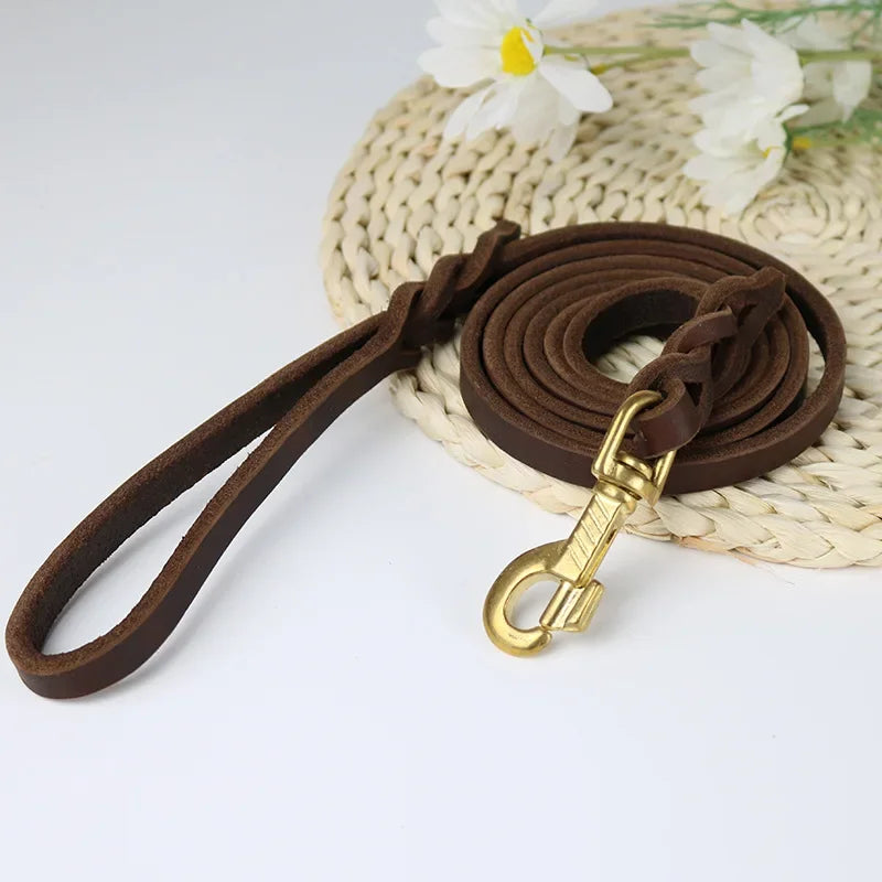 Genuine Leather Leash Braided Pet Walking Training Leads Brown Black Colors