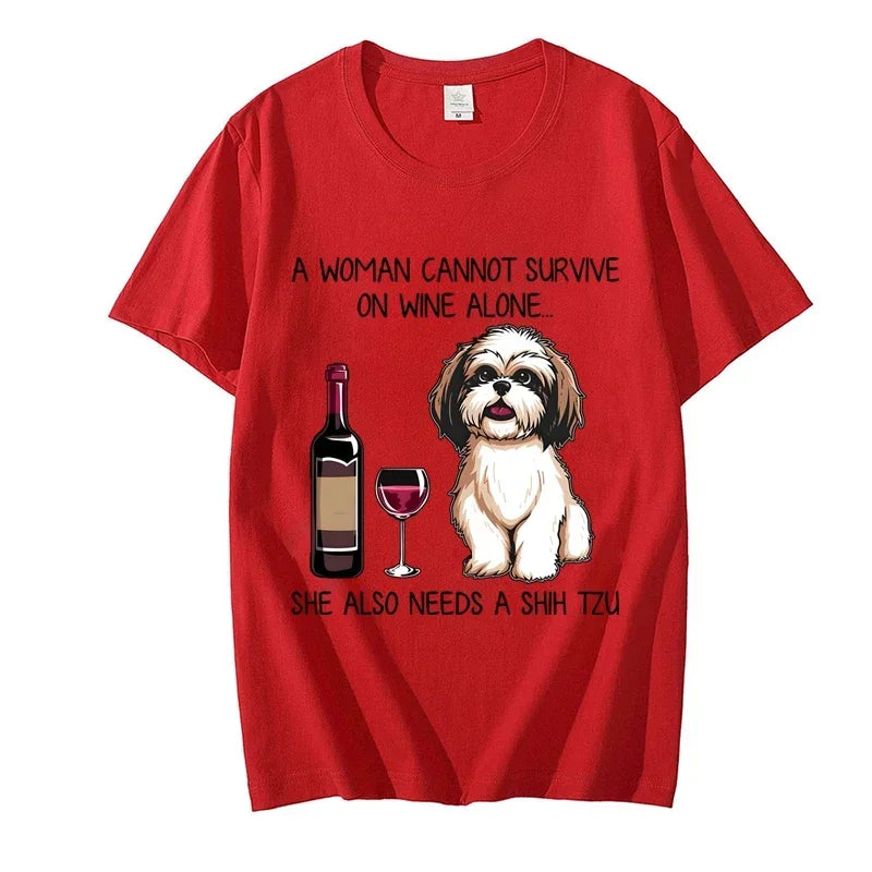Shih Tzu and Wine Funny Dog T Shirts Women Cute Cartoon Graphic Tops Tee