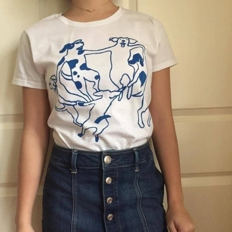 The Dance Dogs Dance Graphic Funny Printed T-Shirt Casual Stylish Short Sleeve Shirt