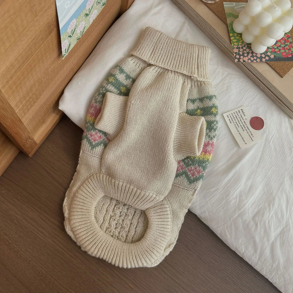 Christmas Dog Sweater, Winter Warm Beige Green Stripe Knitted Pet Clothes for Small Medium Puppy, Xmas New Year Party Wear