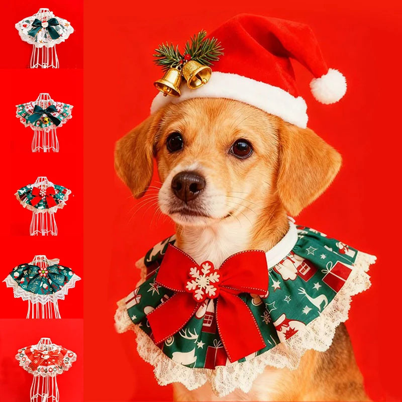 Christmas Pet Bib with Lace Bell Plaid Bow Austable Neckwear