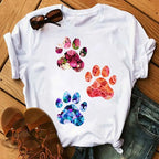 Colorful Heart Dog Paw Print T-shirt Summer Short Sleeve Tee