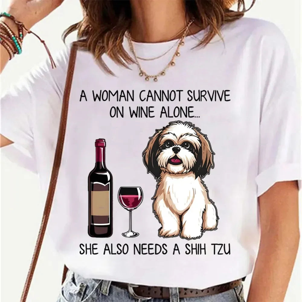 Shih Tzu and Wine Funny Dog T Shirts Women Cute Cartoon Graphic Tops Tee