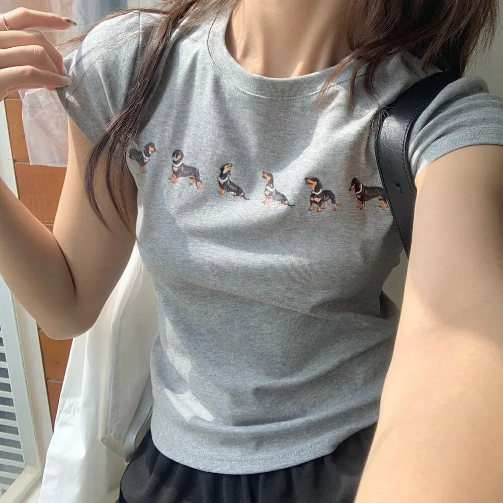 Cute Cartoon Dog Short Sleeve T-shirt Dachshund Crop Top Slim Fit