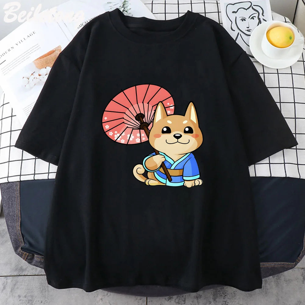 Anime Kawaii Dog Cartoon Graphic Print T-Shirt Short Sleeve 100% Cotton